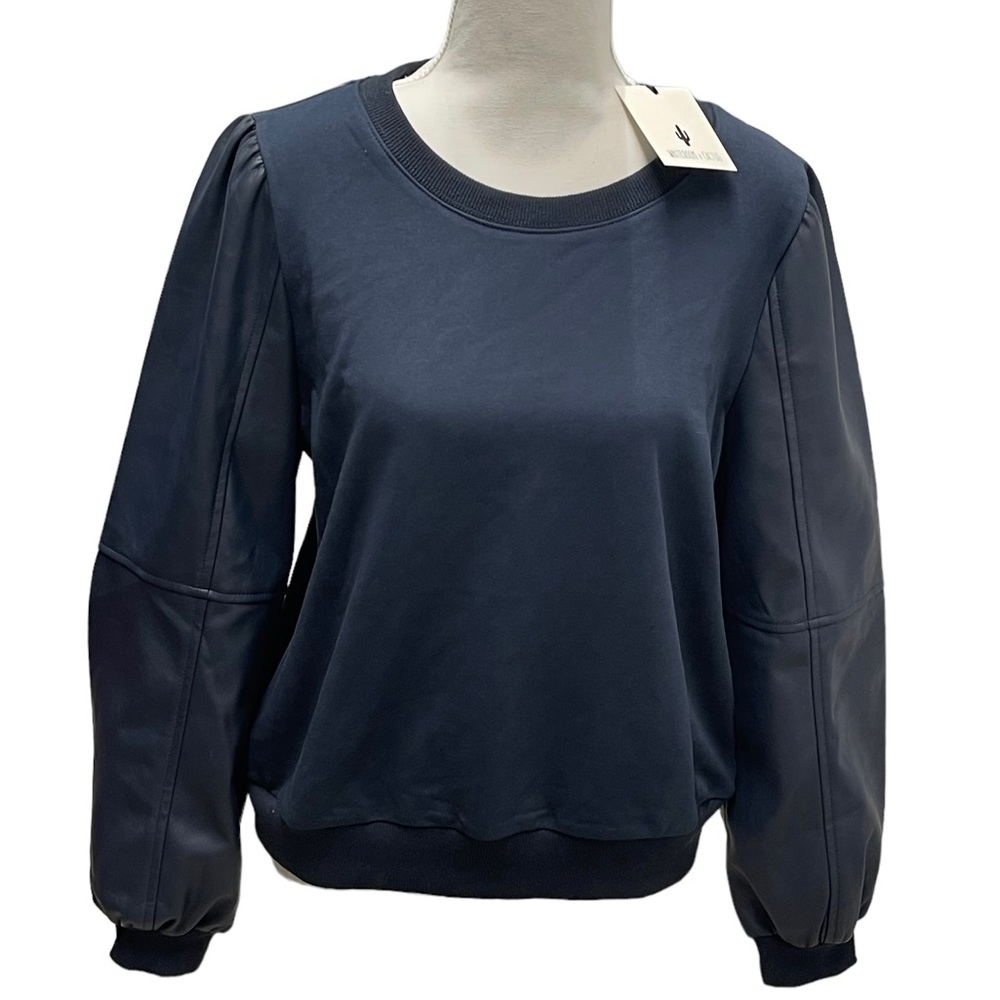 Whiteroom Cactus Women’s PU Combo Cotton Pullover Top Size M in Navy NWT